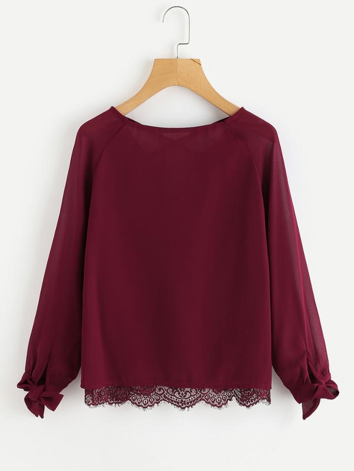 Shein Bow Tie Cuff Lace Hem Criss Cross Back Blouse