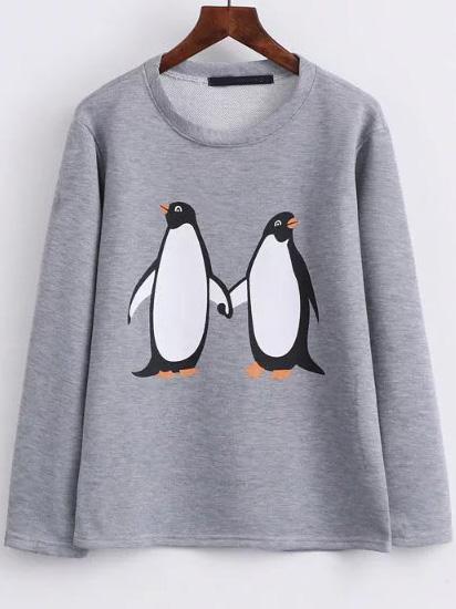Shein Grey Penguin Print Cute Sweatshirt
