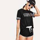 Shein Contrast Tape Letter Print Top And Shorts Set