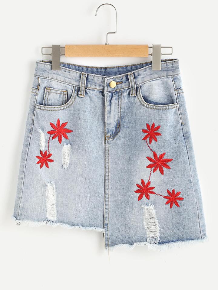 Shein Embroidery Ripped Frayed Hem Asymmetric Denim Skirt