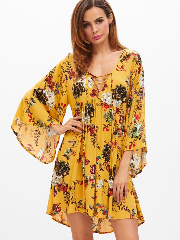 Shein Yellow Flower Print Lace Up Plunge Neck Bell Sleeve Dress