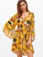 Shein Yellow Flower Print Lace Up Plunge Neck Bell Sleeve Dress