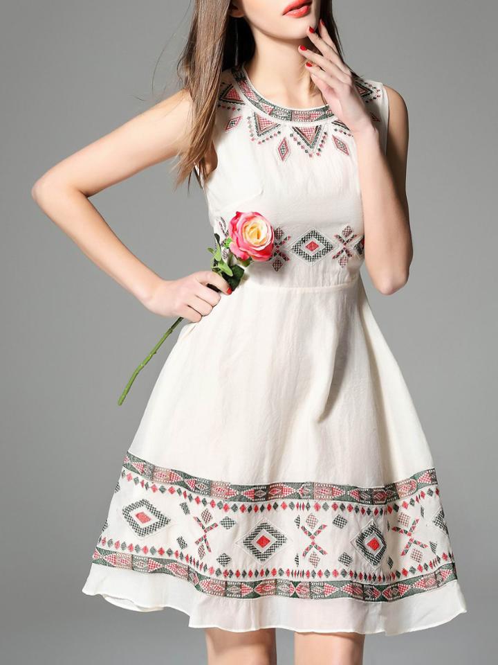 Shein Apricot Crew Neck Embroidered A-line Dress