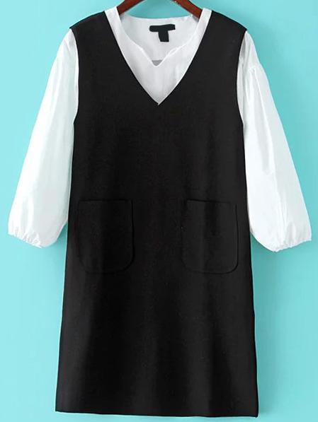 Shein V Neck Pockets Black Tank Dress With Shirt