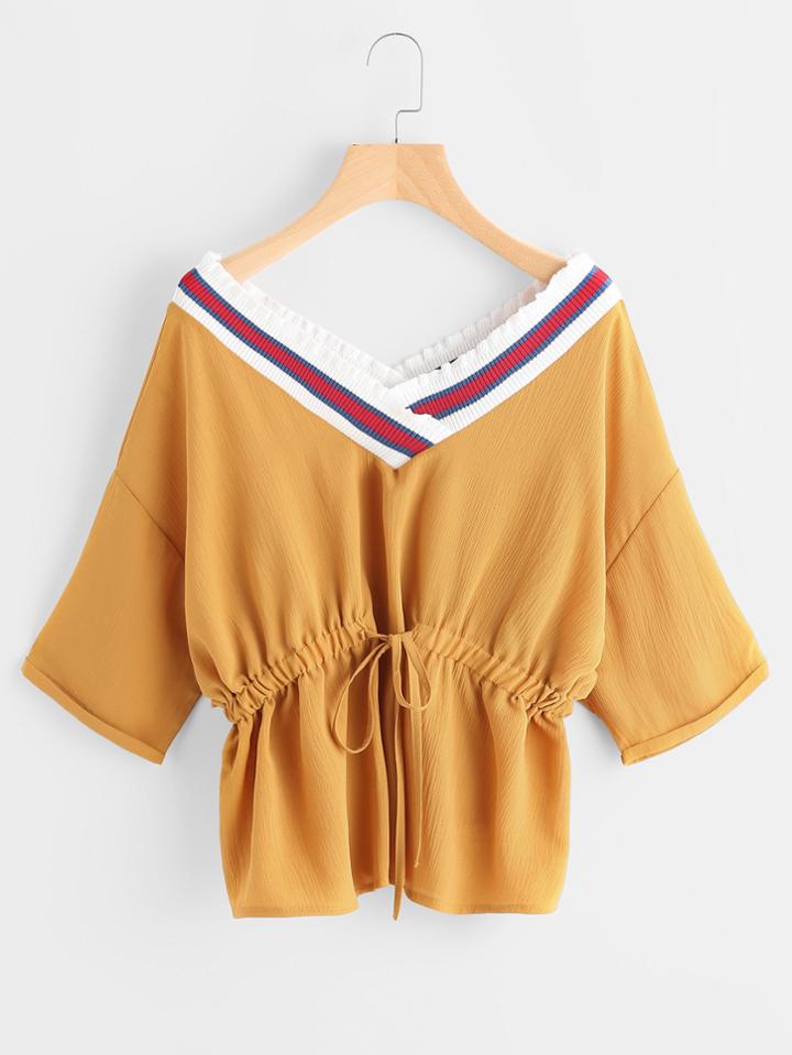 Shein Contrast Pinstripe V Neckline Drawstring Cuffed Top