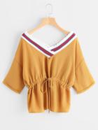Shein Contrast Pinstripe V Neckline Drawstring Cuffed Top
