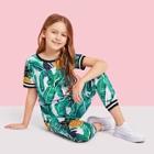 Shein Girls Jungle Leaf Print Top & Pants Set
