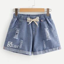 Shein Letter Ripped Tie Waist Denim Shorts