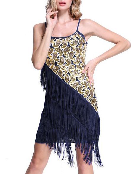 Shein Blue Spaghetti Strap Sequined Tassel Dress