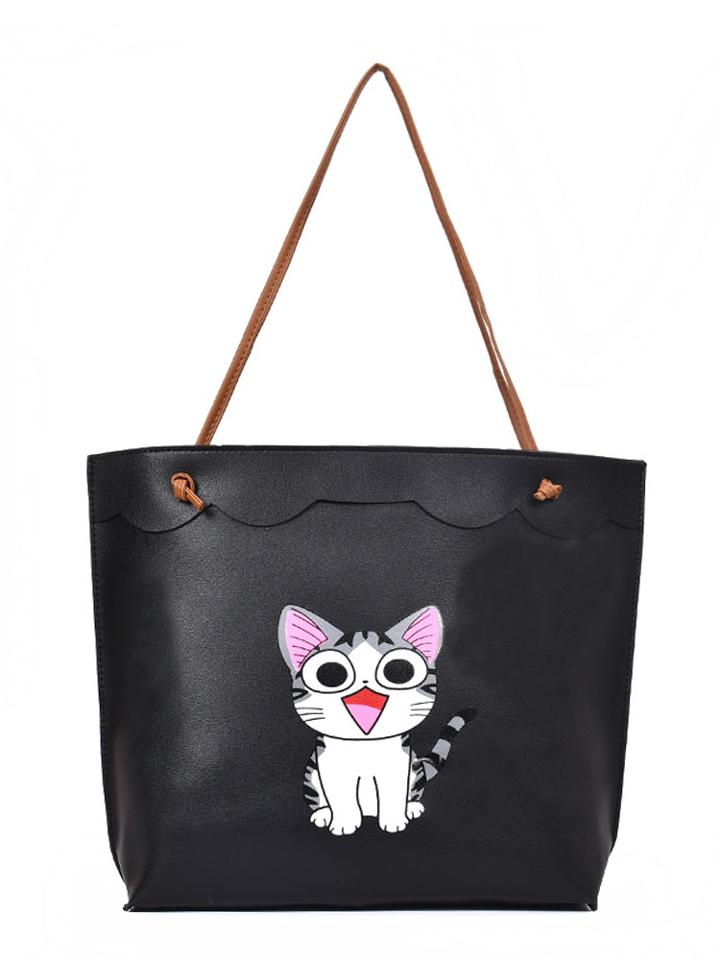 Shein Cat Print Scalloped Detail Shopper Bag