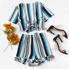 Shein Striped Knot Detail Top With Frill Hem Shorts
