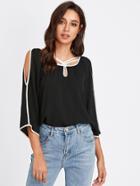 Shein Keyhole Strappy Neck Contrast Binding Blouse