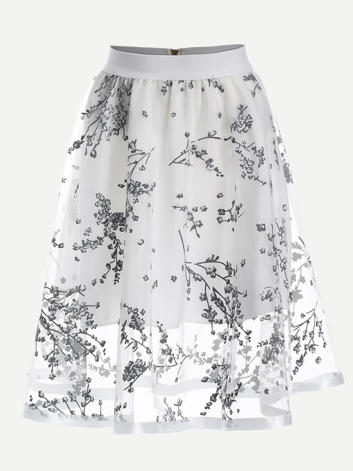 Shein Blossom Print Mesh Overlay Midi Skirt - White