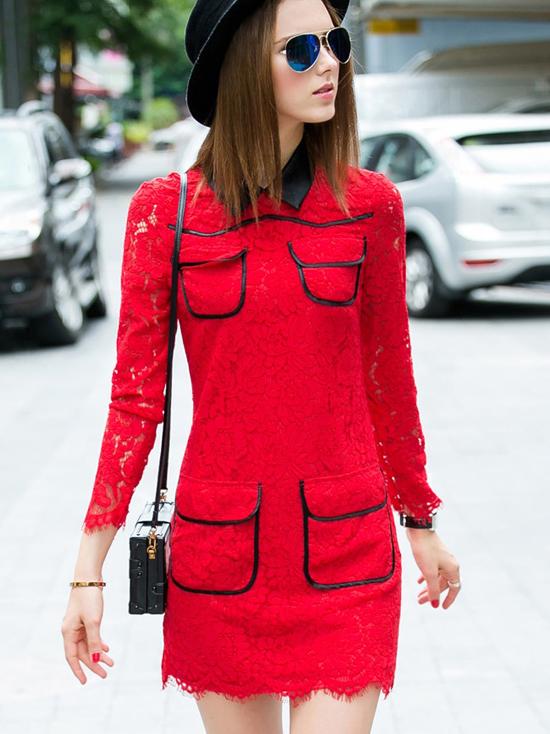 Shein Red Lapel Long Sleeve Contrast Pu Lace Dress