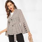 Shein Split Sleeve Self Belted Plaid Blazer