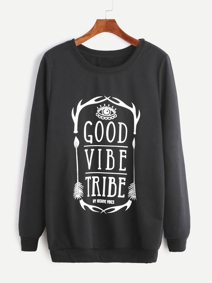 Shein Black Ribbed Trim Letter Print Sweatshirt