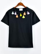 Shein Cutout Tassel Neck T-shirt - Black