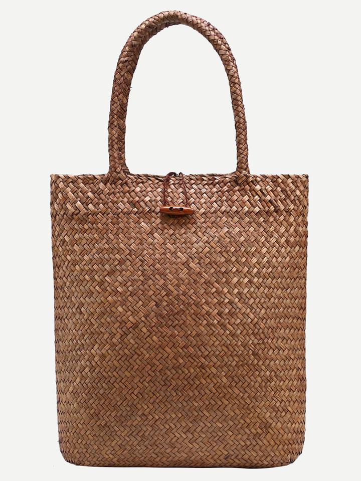 Shein Brown Button Closure Straw Tote Bag