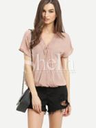 Shein Dark Apricot Short Sleeve V Neck Pleated Blouse