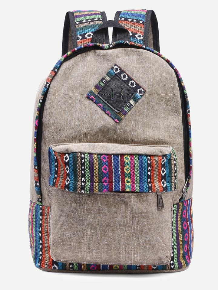 Shein Khaki Striped Embroidered Tape Detail Canvas Backpack