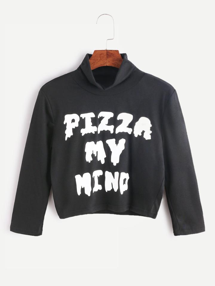Shein Black High Neck Letter Print Crop T-shirt