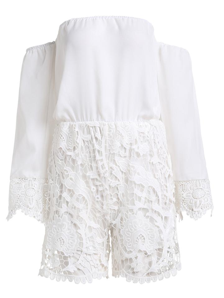 Shein White Off The Shoulder Crochet Overlay Romper