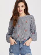 Shein V Cut Tie Back Bell Sleeve Daisy Embroidered Checkered Top