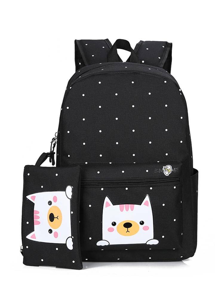 Shein Polka Dot Cat Print Backpacks With Clutch Bag