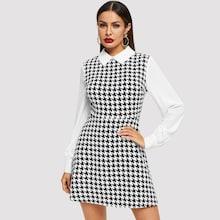 Shein Contrast Collar And Sleeve Houndstooth Dress