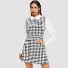 Shein Contrast Collar And Sleeve Houndstooth Dress