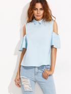 Shein Light Blue Peter Pan Collar Ruffle Cold Shoulder Blouse