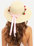 Shein Beige Vacation Cherry Bow Trim Collapsible Straw Hat
