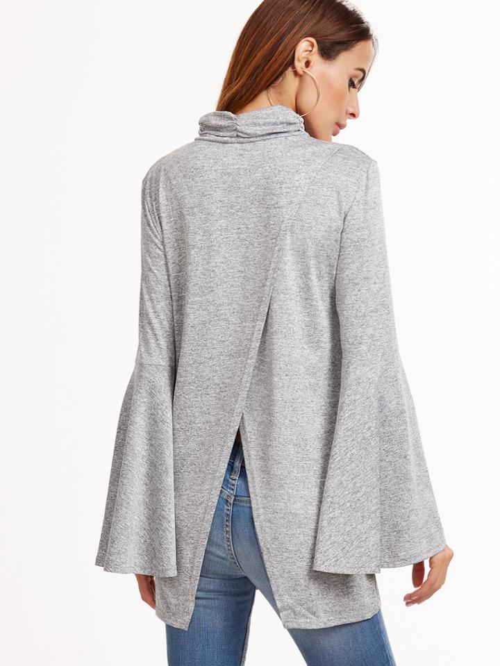 Shein Grey Turtleneck Bell Sleeve Wrap Back T-shirt