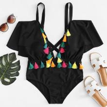 Shein Plus Tassel Detail Plunging Cold Shoulder Swimsuit