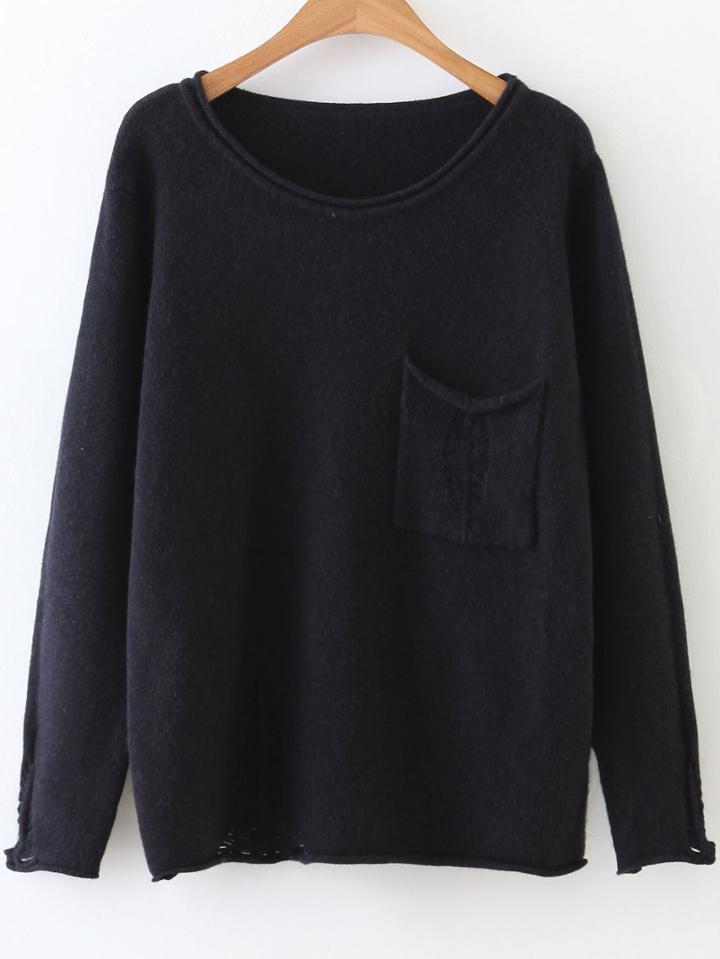 Shein Black Rolled Trim Ripped Knitwear With Pocket