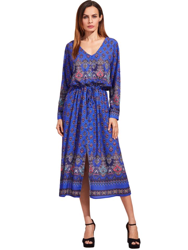 Shein Vintage Print Buttons Front Drawstring Dress