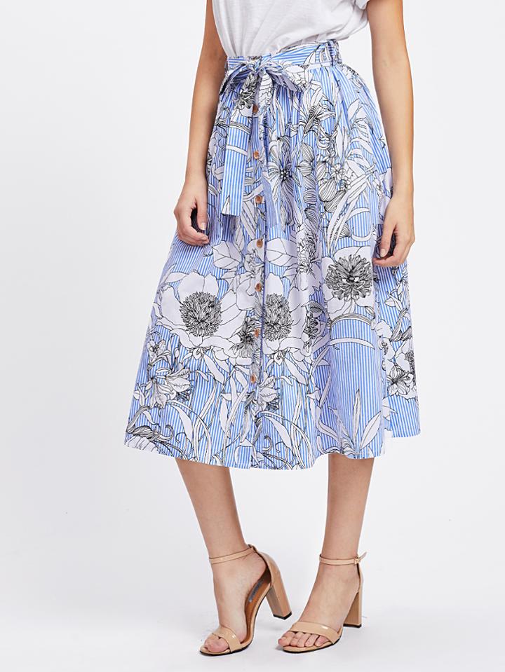 Shein Flower Striped Button Up Volume Skirt