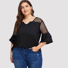 Shein Plus Dot Mesh Panel Tiered Ruffle Sleeve Top