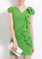 Rosewe Vogue V Neck Ruffle Decorated Green Sheath Dress