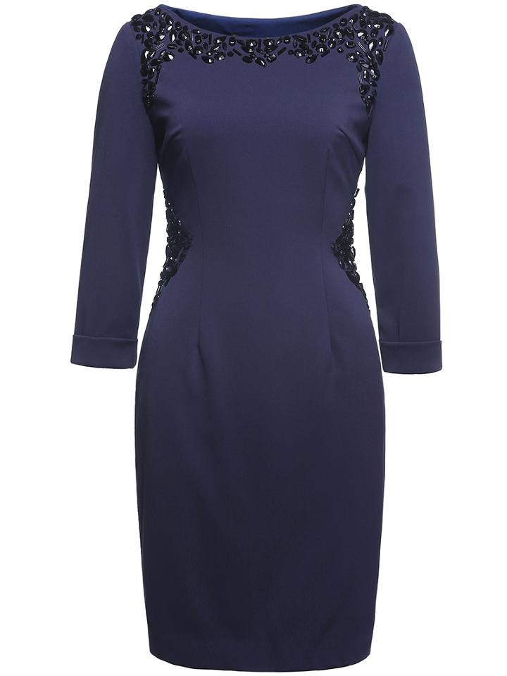 Shein Navy Round Neck Long Sleeve Beading Dress
