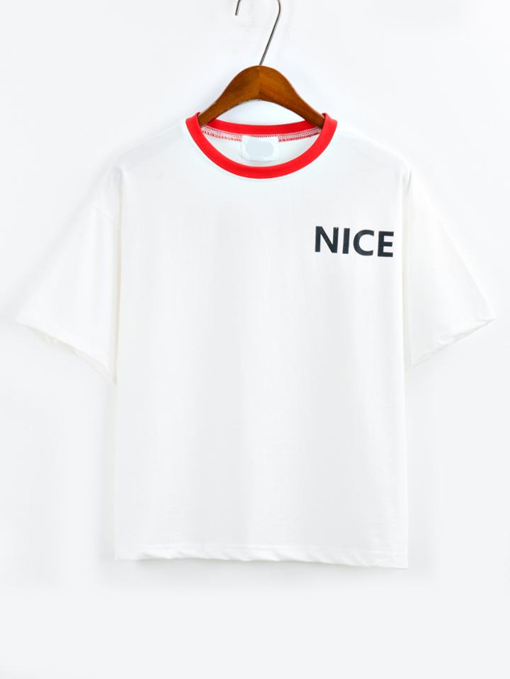 Shein Contrast Neck Letter Print White T-shirt