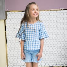 Shein Girls Gingham Ruffle Hem Blouse With Plain Shorts
