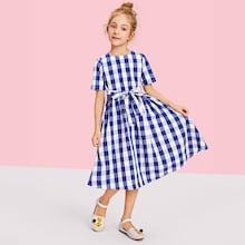 Shein Girls Zip Back Plaid Print Belted Dress