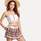Shein Pleated Tube Top With Geo Print Shorts