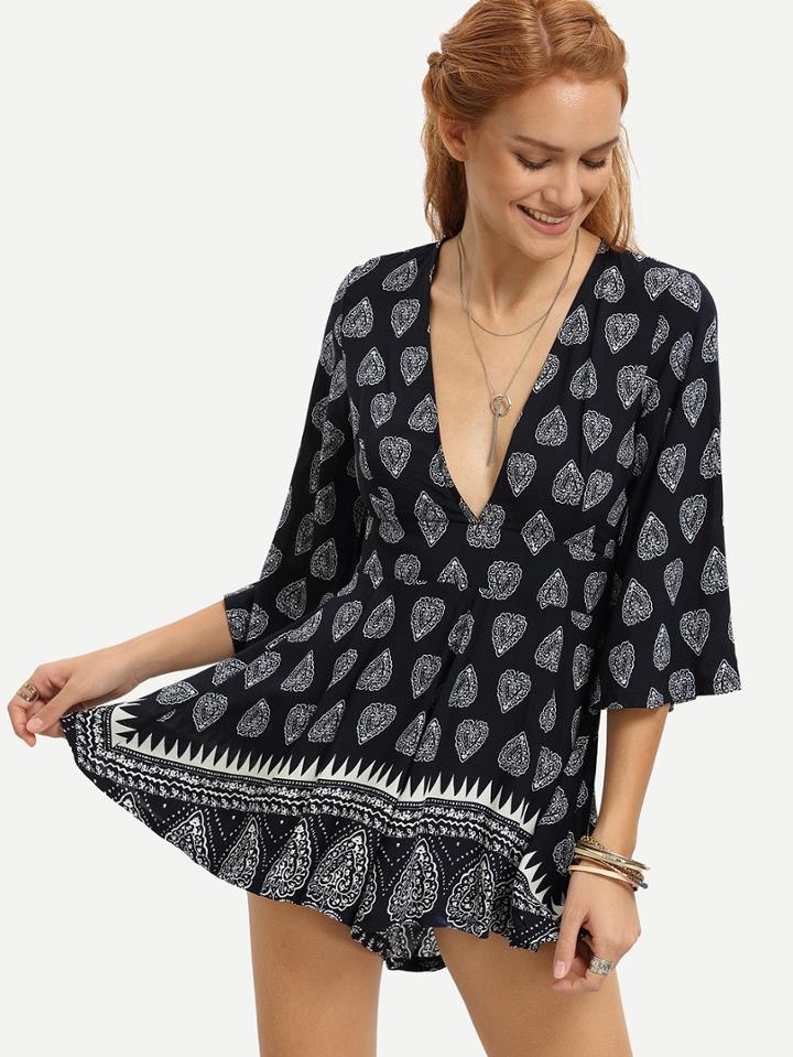 Shein Navy Deep V Neck Cutout Vintage Pattern Print Romper