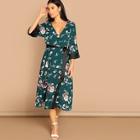 Shein Contrast Cuff And Belt Floral Wrap Dress