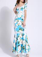 Shein Blue Backless Floral Contrast Lace Fishtail Dress