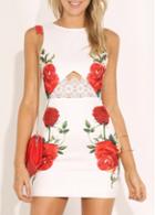 Rosewe Sleeveless Flower Print Lace Splicing Dress