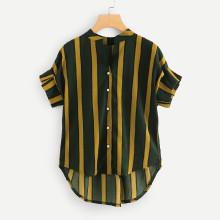 Shein Plus Single Breasted Striped Dip Hem Shirt