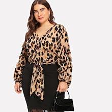 Shein Plus Waist Knot Wrap Leopard Print Top